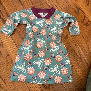 Tea 2T green floral tunic dress with burgundy yoke collar